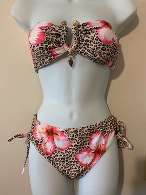 Strapless Floral Leopard Bandeau Bikini in Pink and Tan